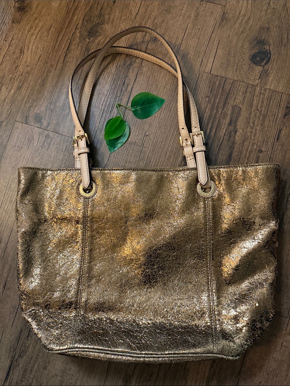 Michael Kors Gold Metallic Tote Bag with Neutral Leather Straps